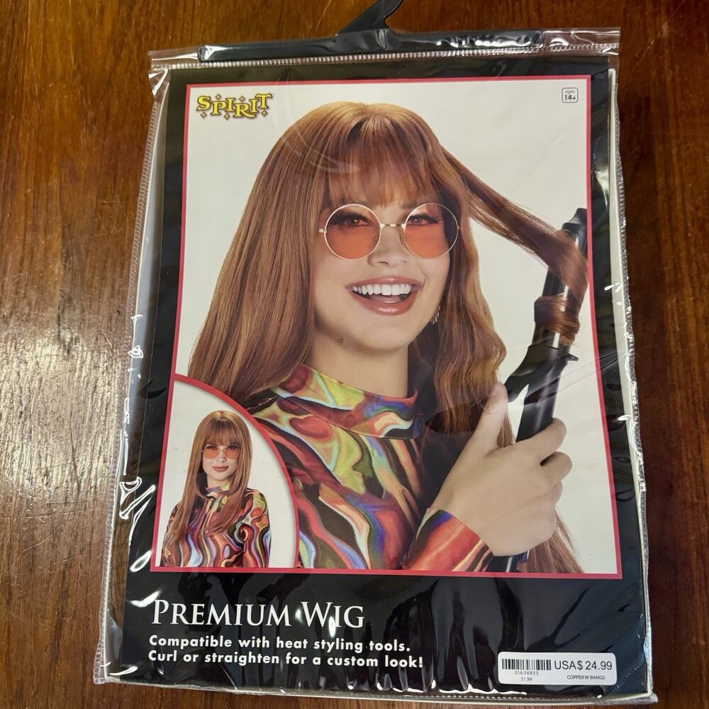 Spirit Halloween Premium Copper Brown Wig w/ Bangs Heat Styleable Adult New ￼